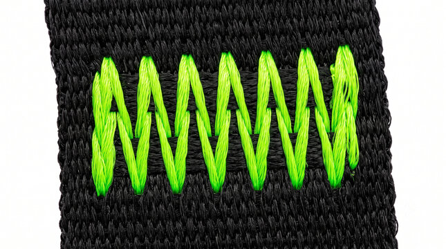 Extreme macro of a climbing harness bar-tack stitch. Dense neon green nylon thread zigzagging across black webbing.