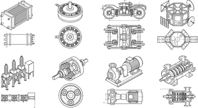 Technical engineering drawings set featuring industrial machinery, mechanical parts, electrical components, and complex technological systems
