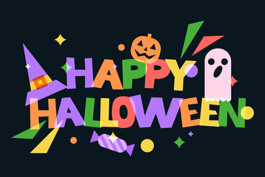 Happy Halloween colorful typography. Alphabet shapes, cute ghost, pumpkin, witch hat vector flat geometric illustration