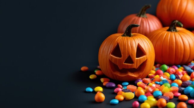 Festive Halloween pumpkins with colorful candy scattered on dark background