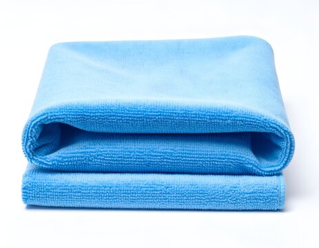 Folded bright blue microfiber cleaning cloth isolated on white background
