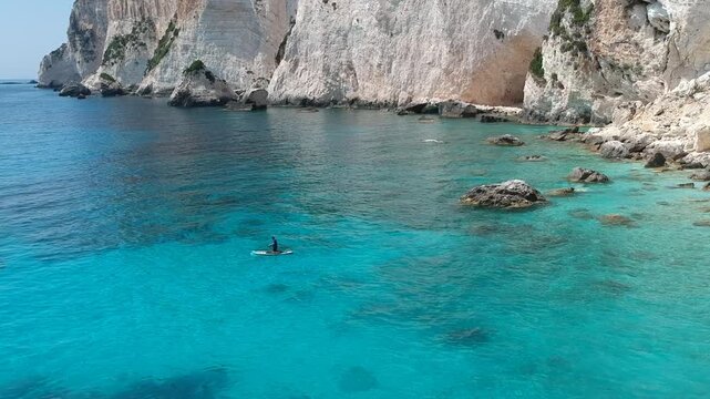 Aerial Drone View of Crystal Clear Ionian Sea, Turquoise Water and Paxos Coast, Greece