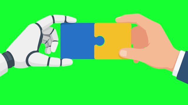 Animated human and AI robot hands connecting puzzle pieces on green screen. Concept of artificial intelligence collaboration and teamwork