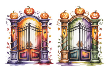 Obraz premium Watercolor Halloween Pumpkin Gate Illustration, Spooky Autumn Entrance Clipart, Isolated on White Background