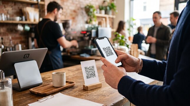 Customer uses smartphone to scan QR code for contactless payment at a modern coffee shop counter