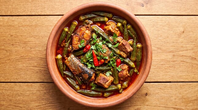 Top view of traditional Ivory Coast Sauce Gombo featuring fresh okra, fish, and savory meat stew.