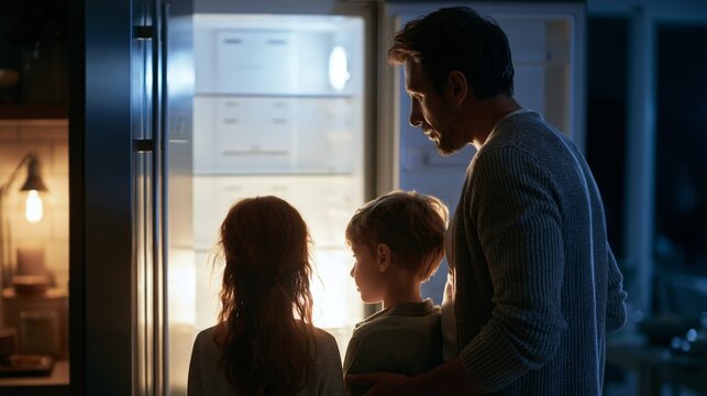 Family checking a nearly empty refrigerator at home, symbolizing rising living costs, food insecurity and household financial hardship