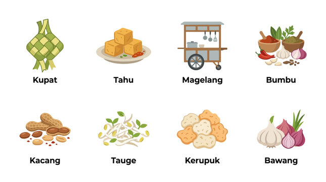 Indonesian Food Ingredients: Kupat, Tahu, Bumbu, Kacang, Kerupuk, Tauge, Bawang