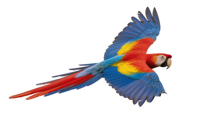 Scarlet macaw parrot with vibrant blue red and yellow plumage in flight, isolated on transparent background © Ruslan