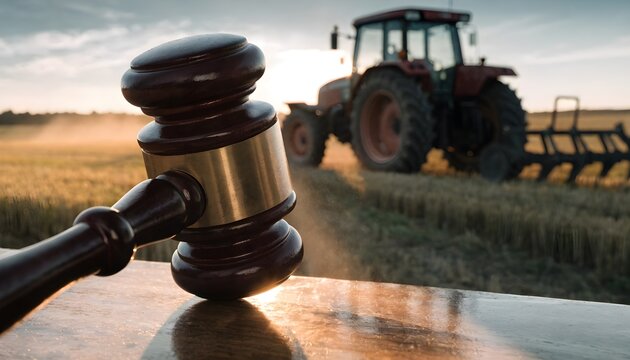 Gavel in foreground with tractor and field at sunset