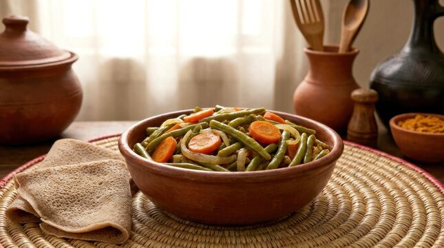 Traditional Ethiopian Fasolia green bean and carrot stew served with injera on woven mat