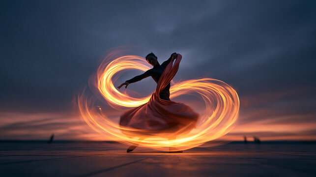 Dancer Creating Fire Light Trails at Dusk