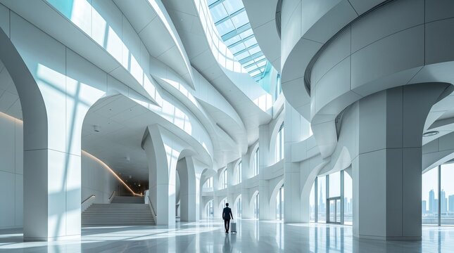 Businesswoman Walking Through Modern Corporate Atrium