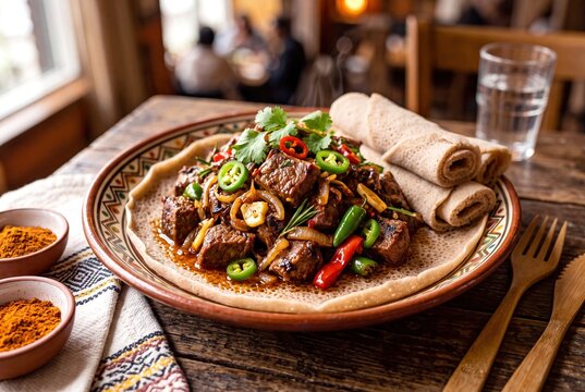 Traditional Ethiopian Beef Tibs Stir-Fried with Chili and Garlic Served on Injera Bread