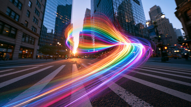 Rainbow Light Trails Urban City Intersection at Dusk