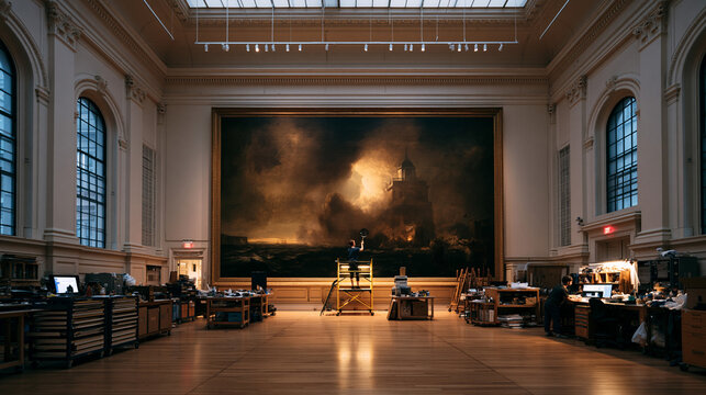 Art Restoration Studio with Dramatic Lighthouse Painting