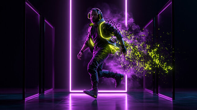 Gaming Esports Player in Neon Cyberpunk Studio