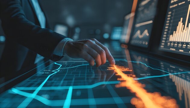 Hand interacting with futuristic digital data display