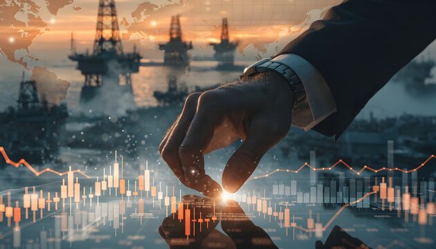 Hand manipulating market graph over offshore oil rigs at sunset