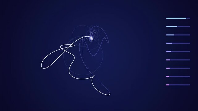 Abstract animated rotating epicycles tracing a curve drawn as blue and cyan glowing lines and dots on a deep dark background. Clean minimal motion graphics element with free space around it, ideal for