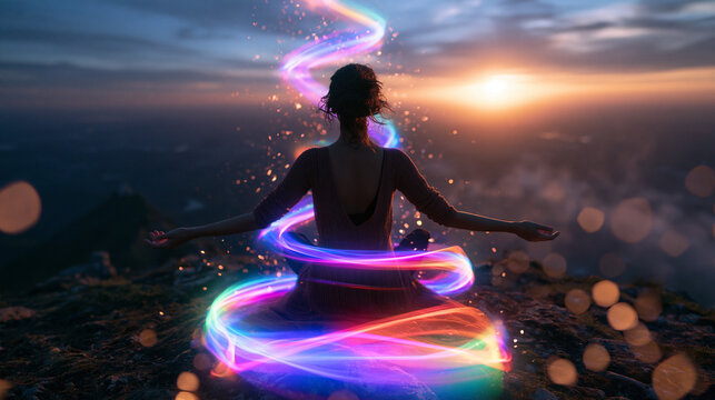 Woman Meditating with Glowing Neon Energy Light Trails