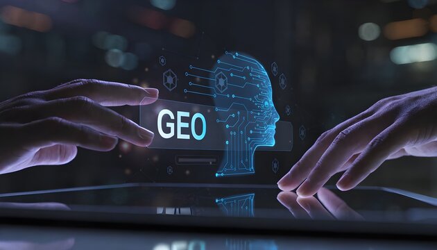 Hands interacting with a glowing digital head and "geo" text
