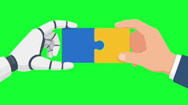 Animated human and AI robot hands connecting puzzle pieces on green screen. Concept of artificial intelligence collaboration and teamwork