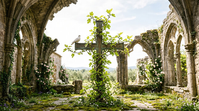 Overgrown Stone Cross in Abandoned Church Ruins