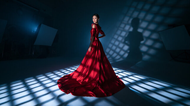 Woman in Red Evening Gown on Illuminated Stage