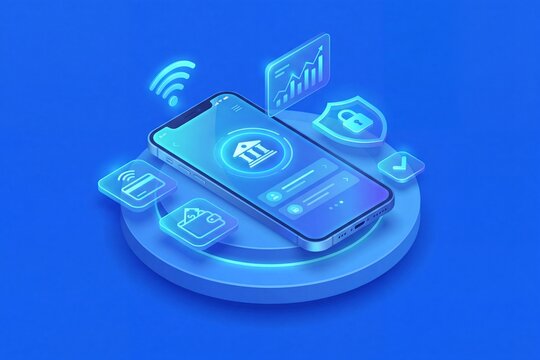 Futuristic mobile banking app interface, isometric online payment security concept, digital wallet and financial technology icons on blue background 4K