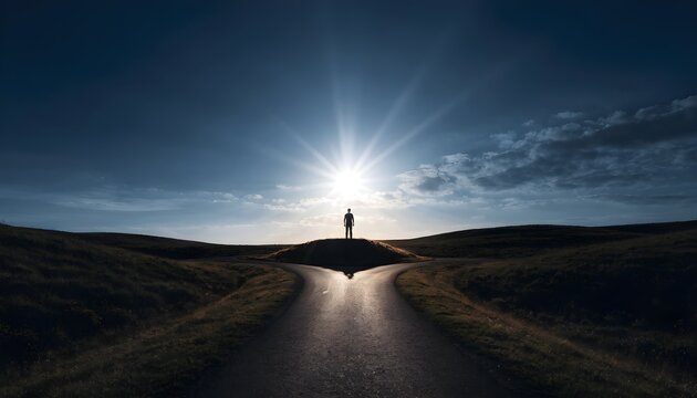 Lone figure at a crossroads under a bright sunburst