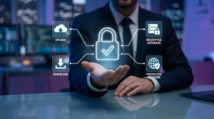 Obraz premium Professional executive demonstrating encrypted database and protected network security using holographic interface for safe cloud data management in modern technology office.