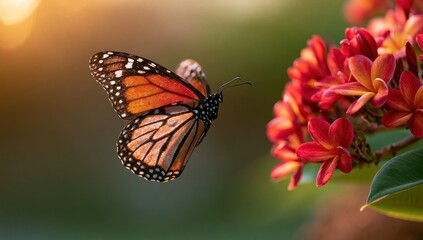 Naklejka premium Monarch butterfly with orange and black wings near red flowers in warm sunlight