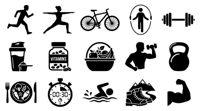 Fitness and Healthy Lifestyle Icon Set Featuring Running, Yoga, Cycling, Vitamin Supplements, Fruit Basket, Nutritional Meal, Weightlifting, and Outdoor Hiking Vector Silhouettes