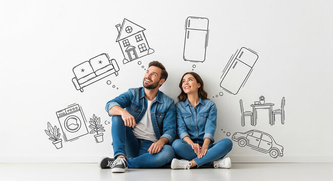 Happy couple sitting on floor with drawn interior perfect for real estate dream home planning and future property vision concept