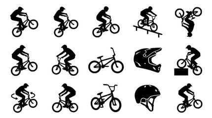Fototapeta premium BMX Bike Rider Silhouette Icon Set Featuring Extreme Sports Stunts, Bicycle Tricks, Safety Helmets, and Action Graphics for Web and Print Designs