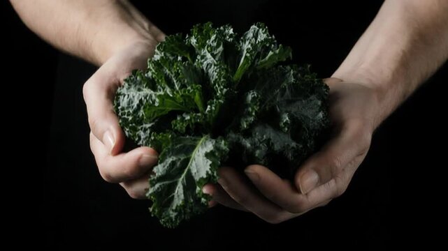 Hands holding fresh organic kale leaves against a solid black background