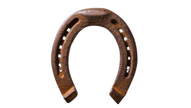 Rusty metal horseshoe with square nail holes, isolated on transparent background