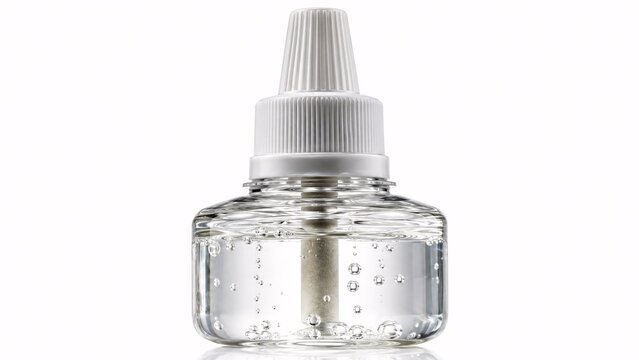 Liquid refill bottle for electric mosquito repellent plug-in device isolated on white background.