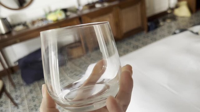 Clear drinking glass held by fingers with visible fingerprints, smudges, and dirt on the surface, highlighting unwashed tableware and lack of cleanliness.