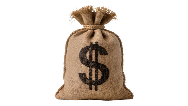 Brown burlap money bag with black dollar sign, isolated on transparent background