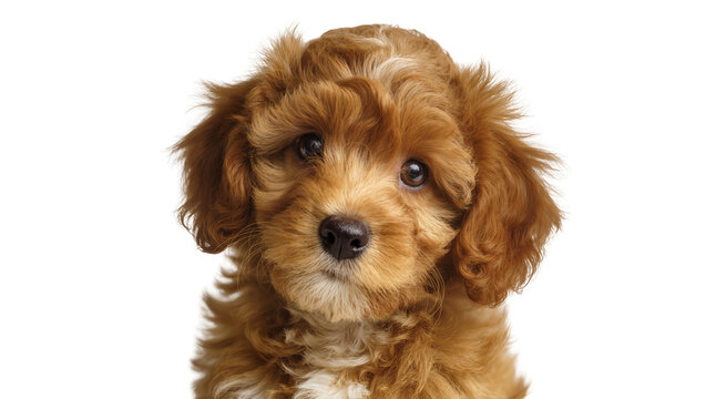 Adorable fluffy brown poodle puppy face, isolated on transparent background