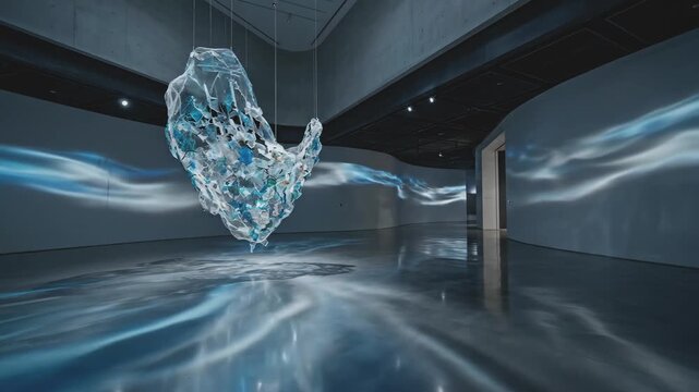 Art installation representing marine trash conservation featuring water projections and floating sculptures in a modern gallery