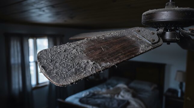 Dusty Wooden Ceiling Fan Blade in Dim Room