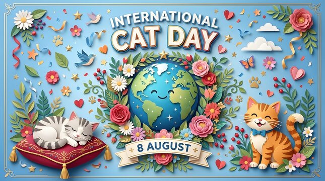 Floral Ornament With Cats And Globe Paper Cut Illustration