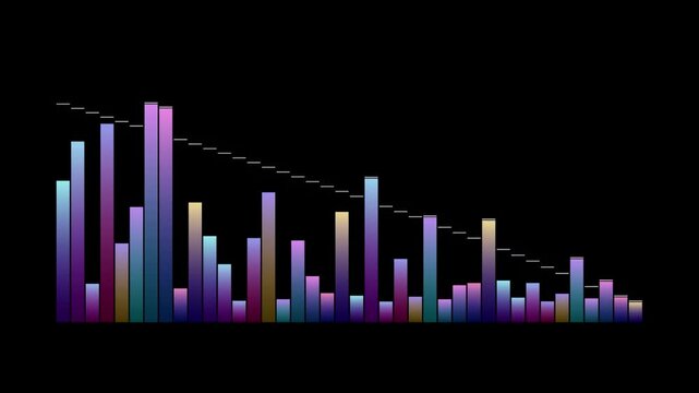 Abstract animated level bars with audio equaliser motion drawn as violet and blue glowing lines and dots on a deep dark background. Clean minimal motion graphics element with free space around it, ide