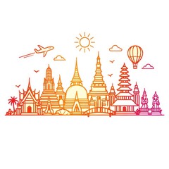 Obraz premium Colorful line art of famous Asian landmarks with a plane and hot air balloon.