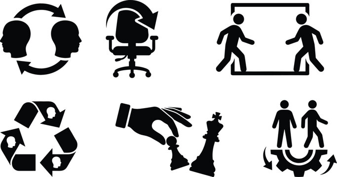 Employee turnover and human resources management glyph icon set featuring replacement retention strategy chess and team rotation