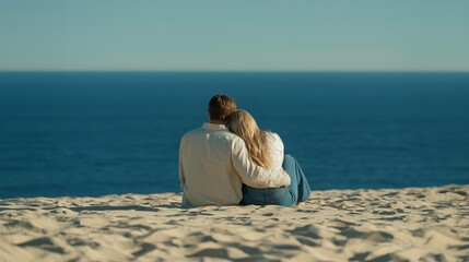 Fototapeta premium Back view of young romantic couple embracing sitting close together on sand dune beach looking at ocean, sea horizon with blue sky in nature during vacation