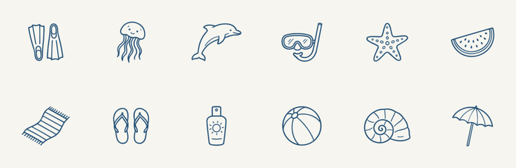 Hand-drawn beach and summer themed icons including flippers, jellyfish, dolphin, snorkel mask, starfish, watermelon slice, beach towel, flip flops, sunscreen, beach ball, seashell, and umbre © Надія Кускова